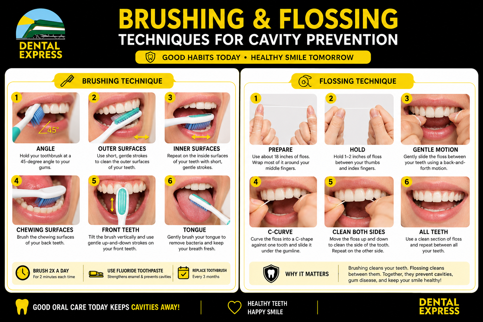 Brushing and flossing technique demonstration for cavity