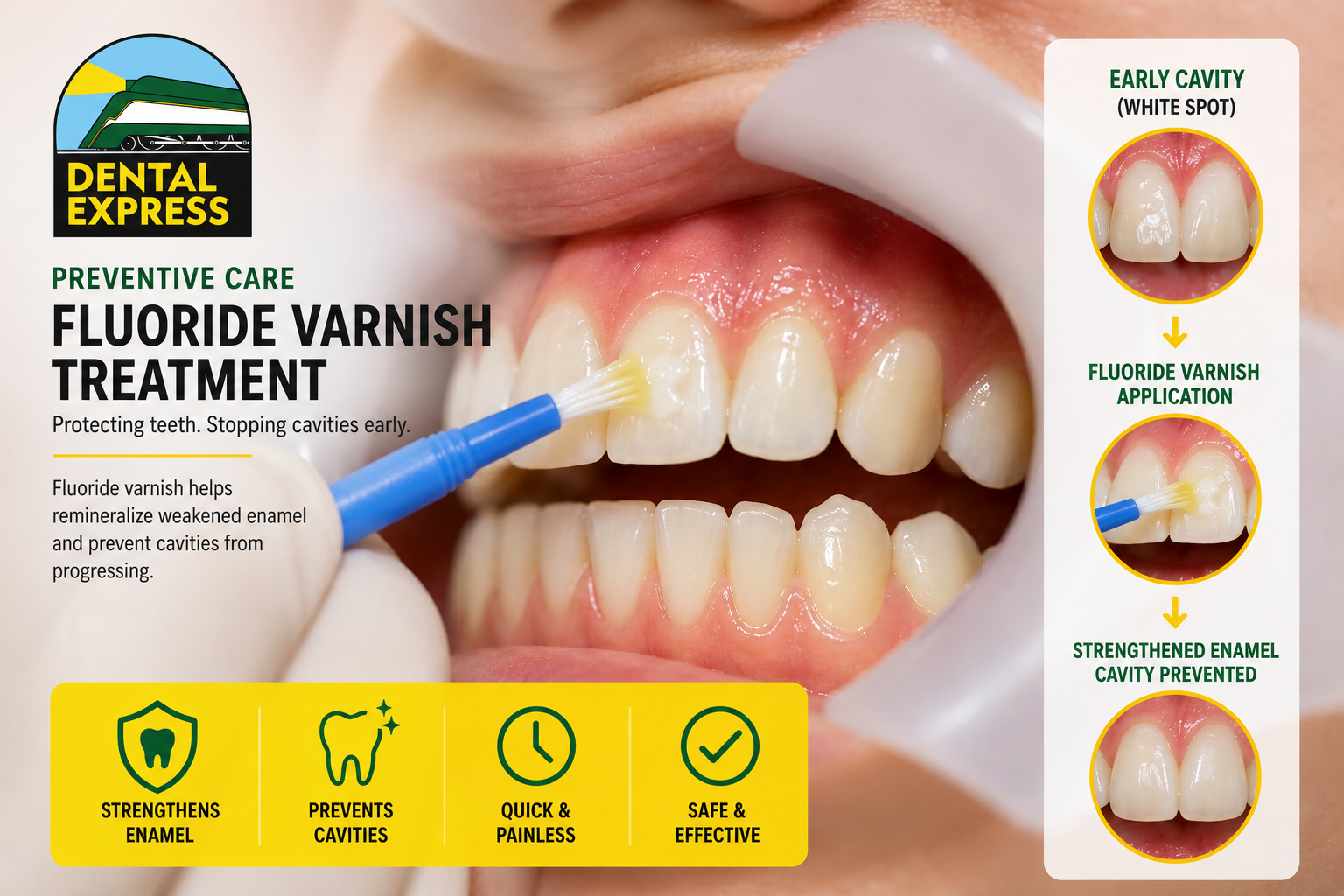 Dentist applying professional fluoride varnish treatment to tooth with early cavity at The Dental Express San Diego
